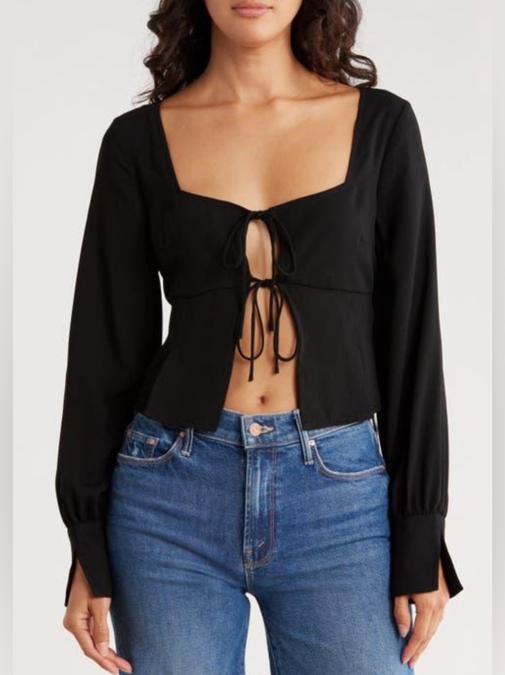 NWT Leith Black Tie-Front Crepe Long Sleeve‎ Crop Blouse Top M and L